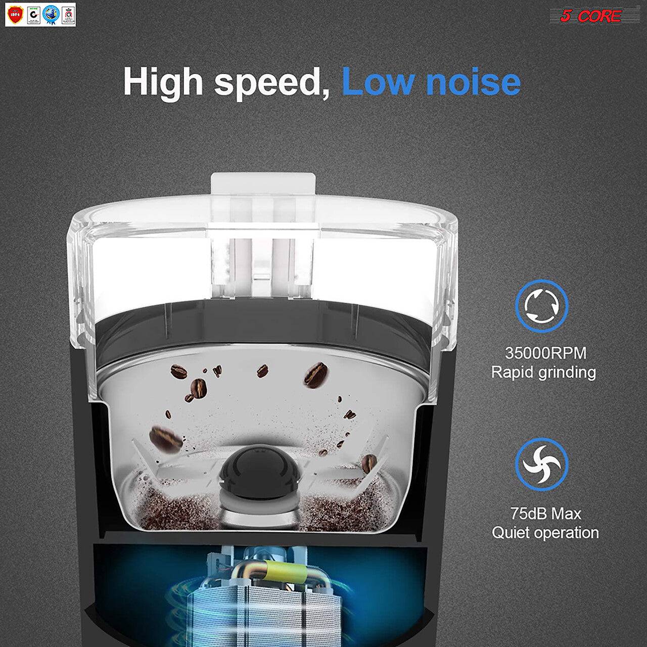 5Core Electric Coffee Grinder -Stainless Steel -4.5oz Capacity with Easy On/Off  5 Core CG 01 Black & Brown