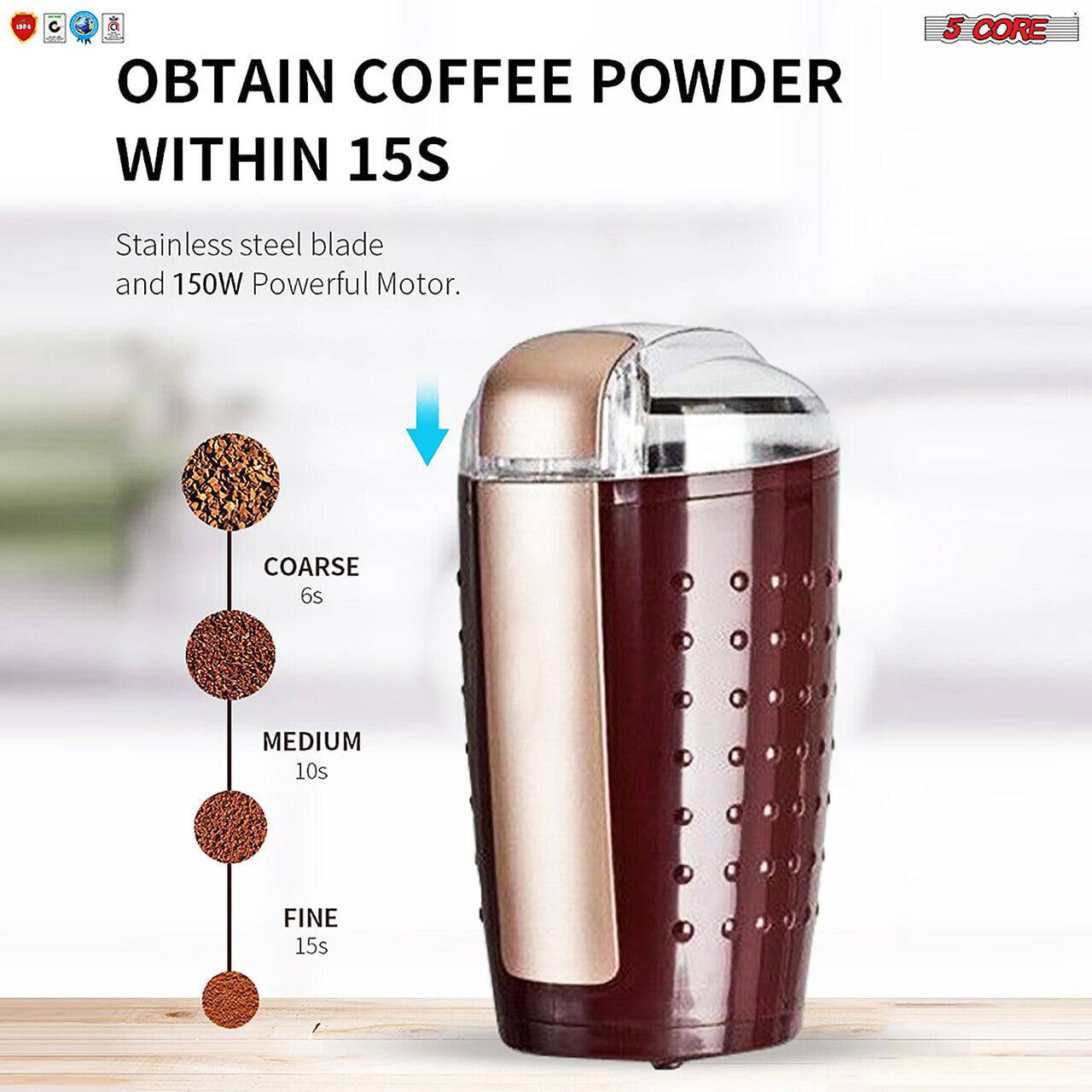 5Core Electric Coffee Grinder -Stainless Steel -4.5oz Capacity with Easy On/Off  5 Core CG 01 Black & Brown