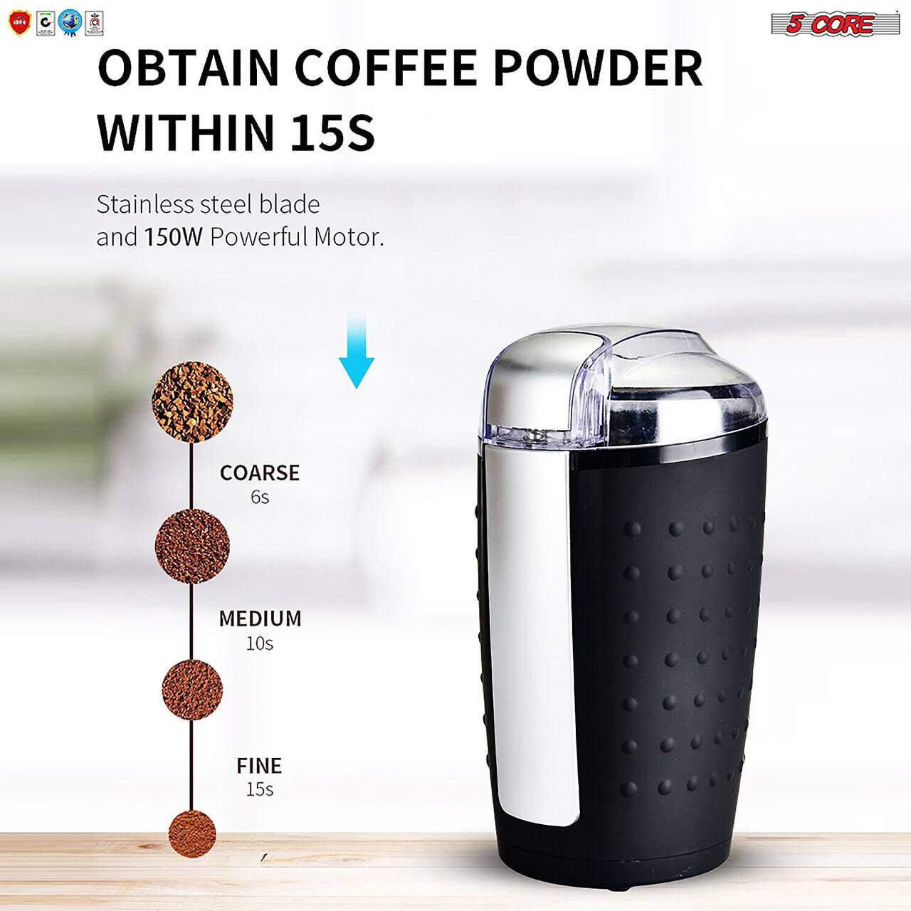 5Core Electric Coffee Grinder -Stainless Steel -4.5oz Capacity with Easy On/Off  5 Core CG 01 Black & Brown