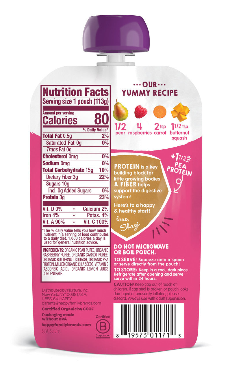 Happy Tot Organic Fiber And Protein, Pear Raspberry Butternut Squash And Carrot (16x4 OZ)-1