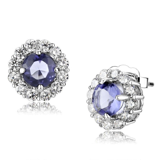 LO4674 - Rhodium Brass Earrings with Synthetic Synthetic Glass in Tanzanite