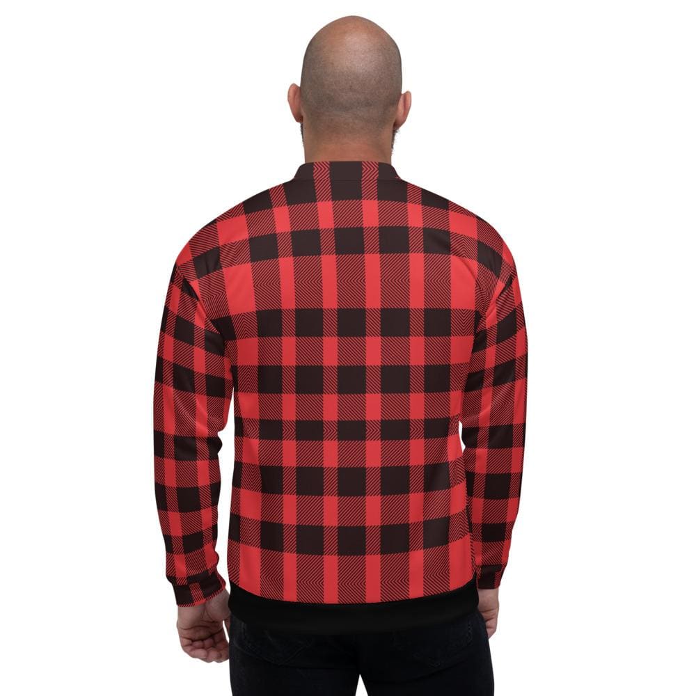 Uniquely You Mens Jacket - Edgy Plaid Colorblock Bomber Jacket Red/Black
