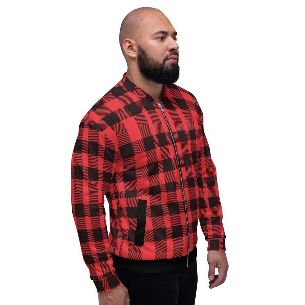 Uniquely You Mens Jacket - Edgy Plaid Colorblock Bomber Jacket Red/Black