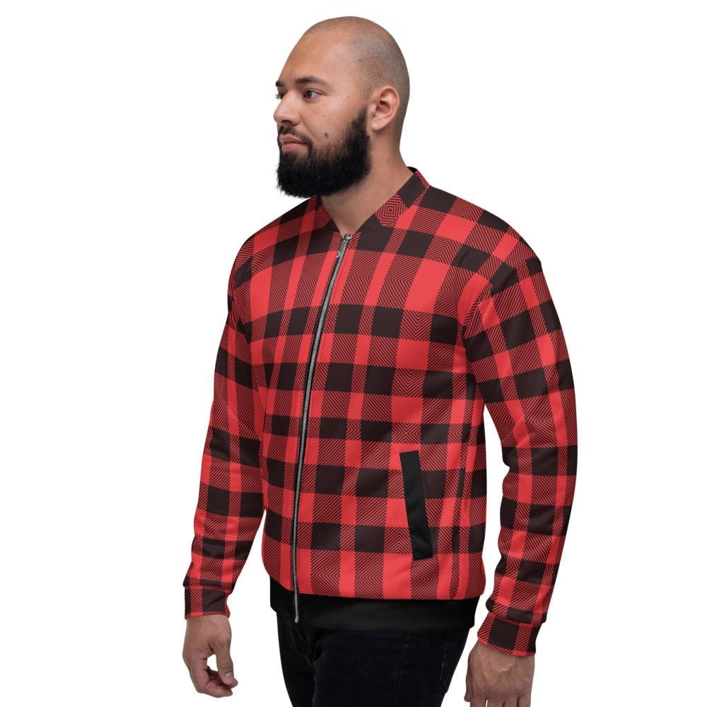 Uniquely You Mens Jacket - Edgy Plaid Colorblock Bomber Jacket Red/Black