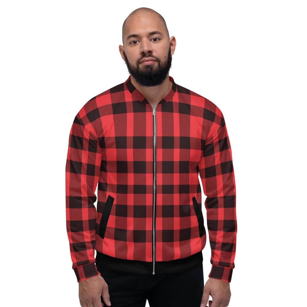 Uniquely You Mens Jacket - Edgy Plaid Colorblock Bomber Jacket Red/Black