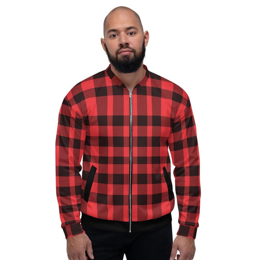 Uniquely You Mens Jacket - Edgy Plaid Colorblock Bomber Jacket Red/Black