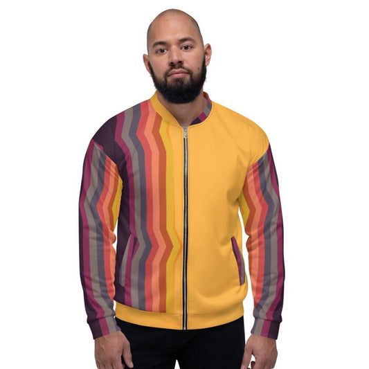 Uniquely You Mens Jacket - Edgy Retro Striped Bomber Jacket Orange/Black